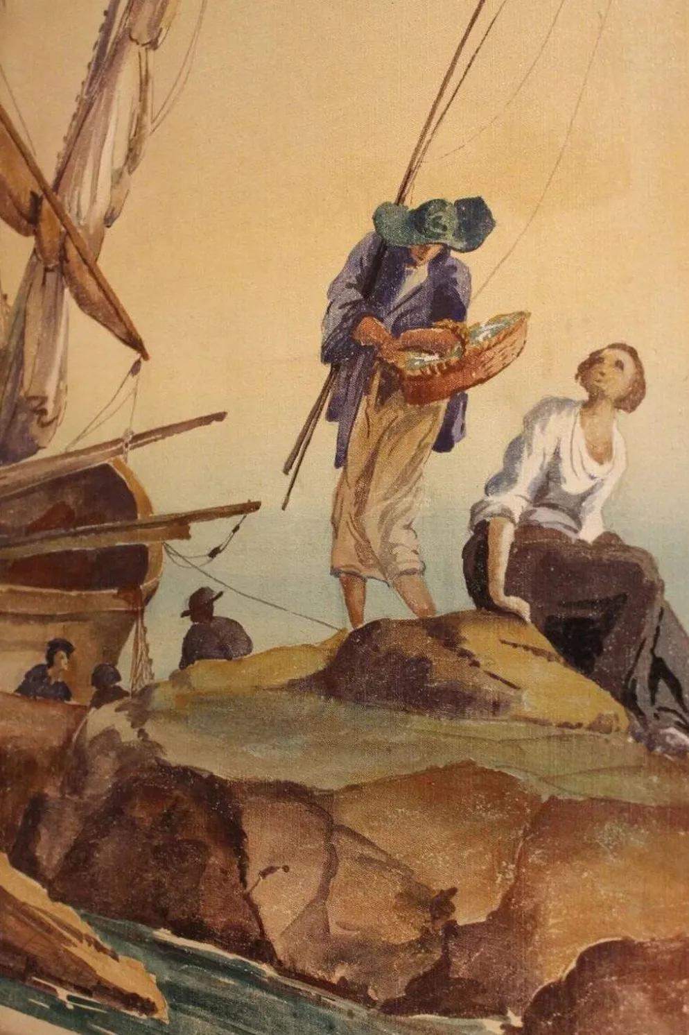 Écran pliant en tempera sur toile français du début du 20e siècle avec vue sur la mer.