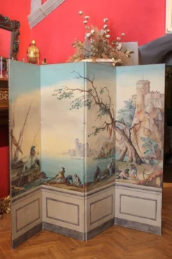 Écran pliant en tempera sur toile français du début du 20e siècle avec vue sur la mer.