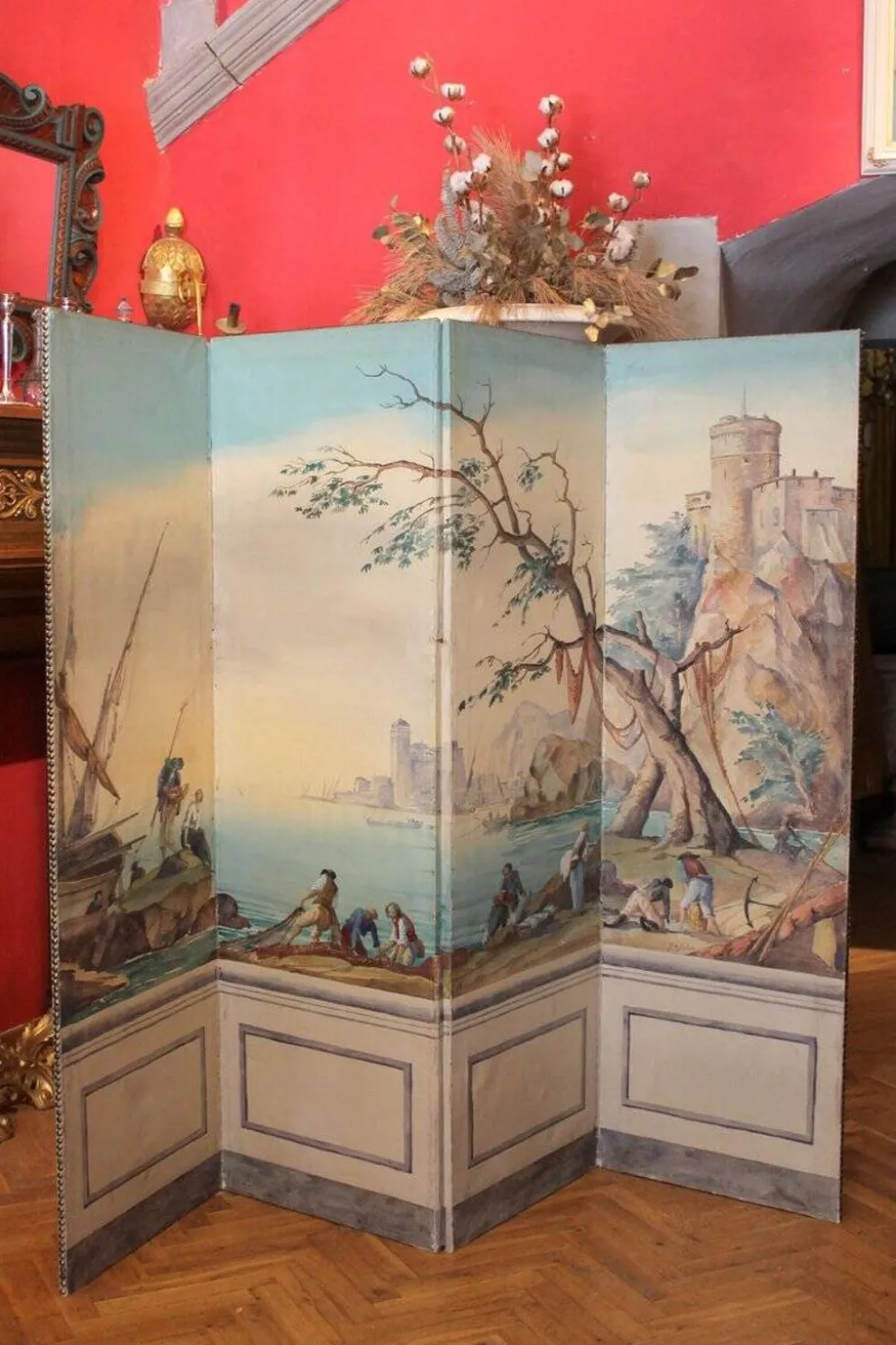Écran pliant en tempera sur toile français du début du 20e siècle avec vue sur la mer.