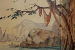Écran pliant en tempera sur toile français du début du 20e siècle avec vue sur la mer.