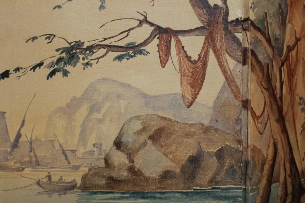 Écran pliant en tempera sur toile français du début du 20e siècle avec vue sur la mer.