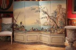 Écran pliant en tempera sur toile français du début du 20e siècle avec vue sur la mer.