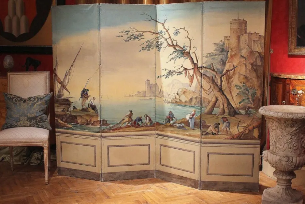 Écran pliant en tempera sur toile français du début du 20e siècle avec vue sur la mer.
