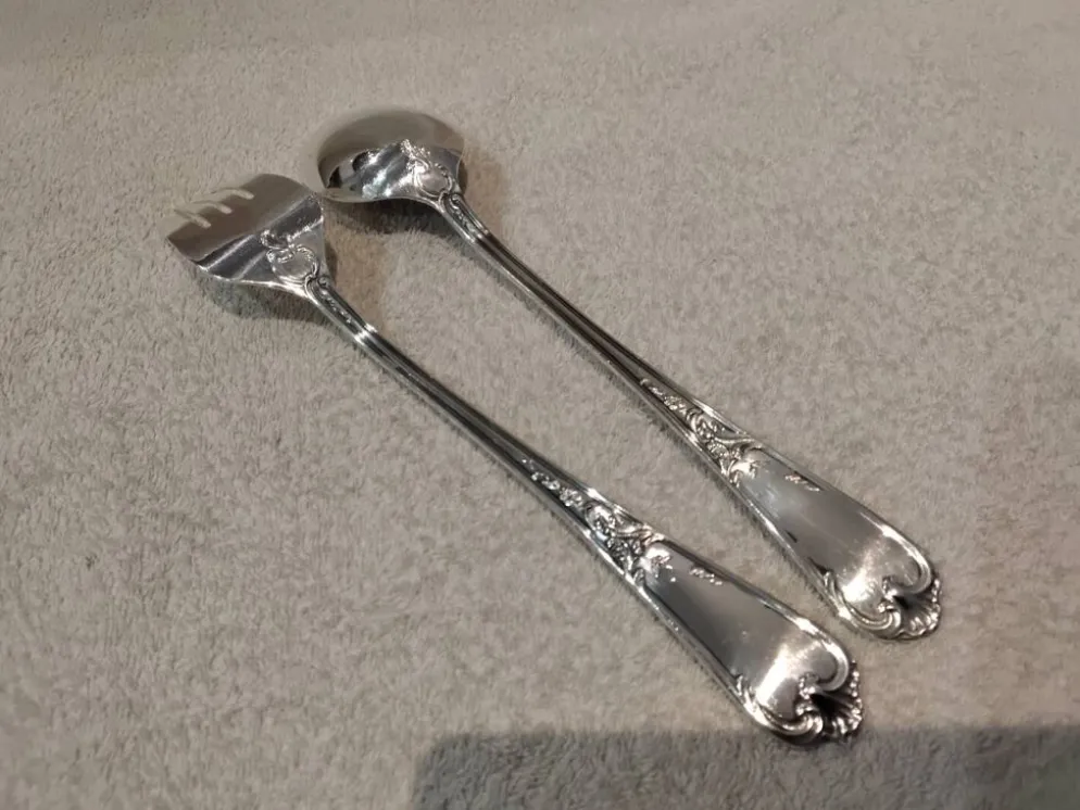 Cuillère et fourchette à ragout en métal argenté orfèvre Ercuis Louis XV