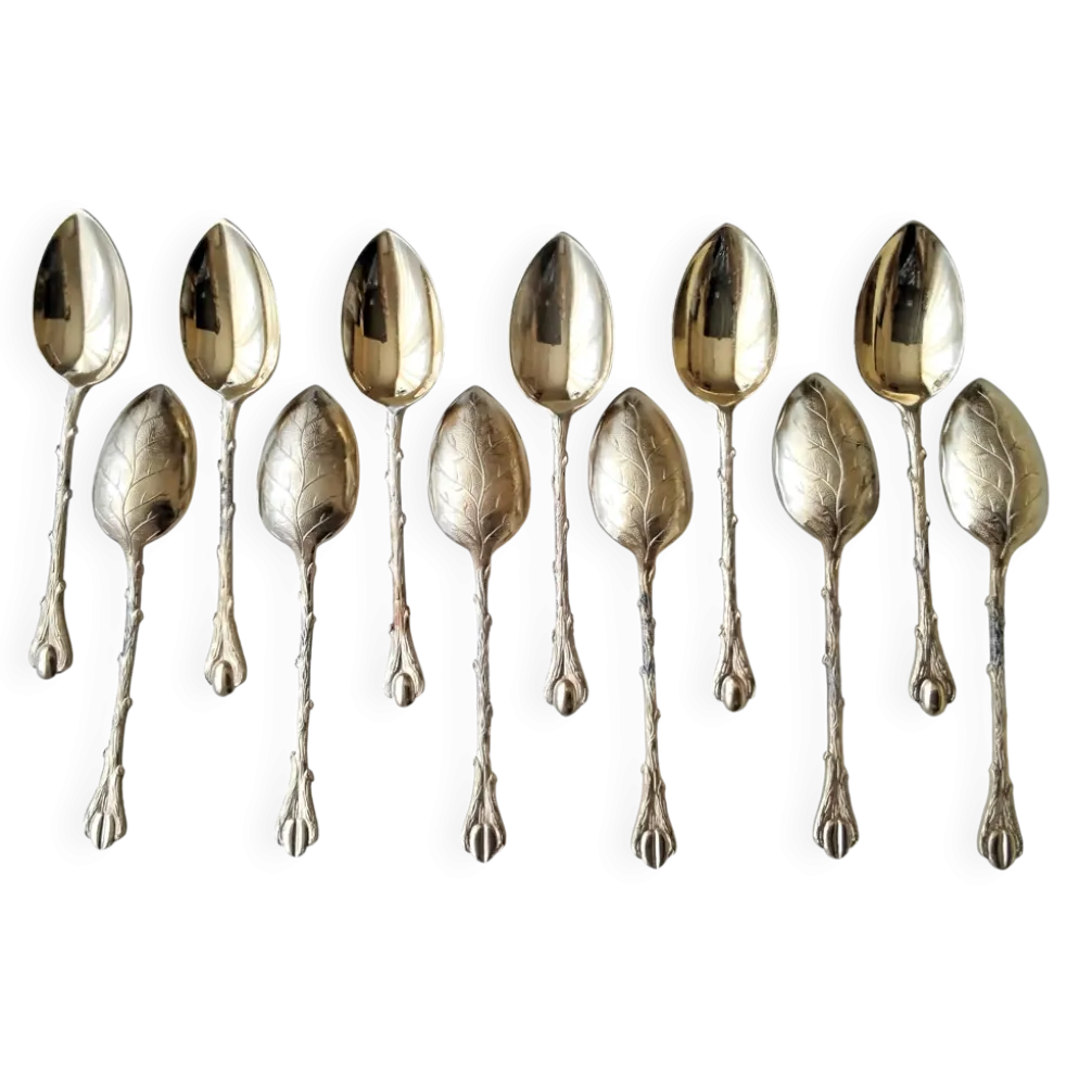 12 Cuillères à moka en métal doré Deetjen Modèle "Grain de café"