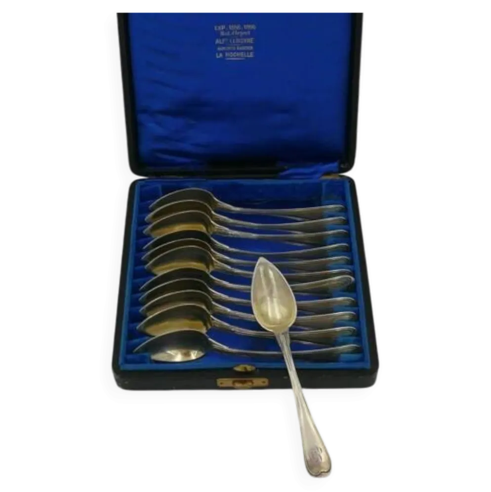 12 cuillères à thé, café, argent massif Vieillard, vermeil, modèle Filet droit.