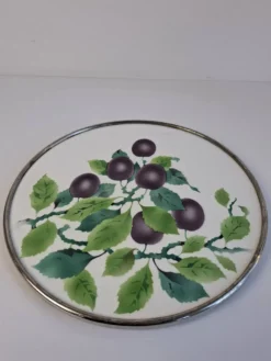 Czechoslovak Art Deco Porcelain Tray with Plum Motif and Metal Rim, 1930s