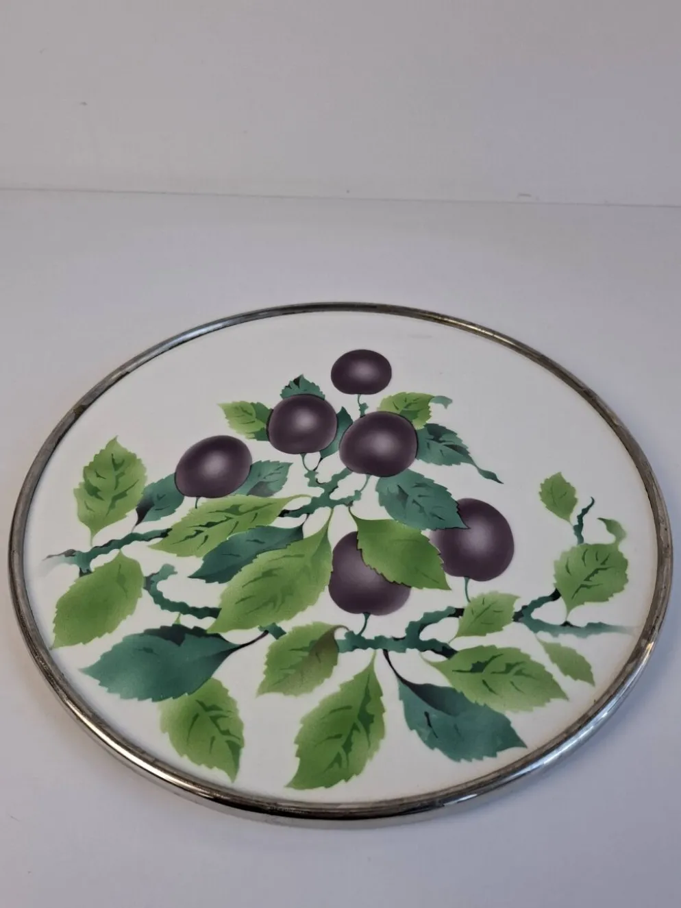 Czechoslovak Art Deco Porcelain Tray with Plum Motif and Metal Rim, 1930s