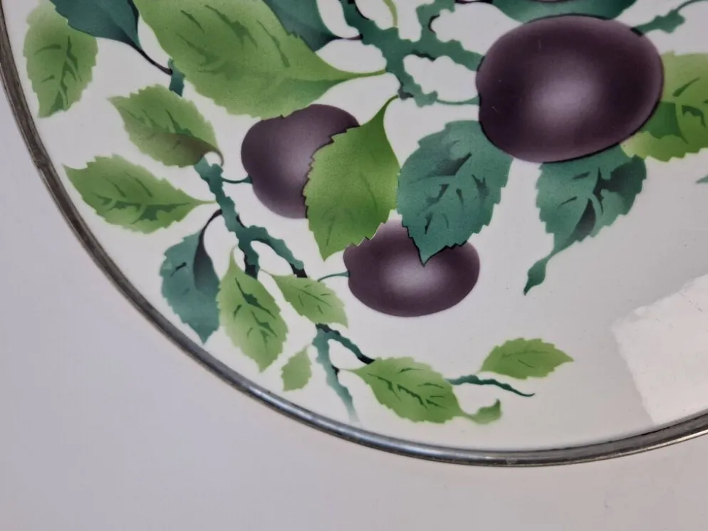 Czechoslovak Art Deco Porcelain Tray with Plum Motif and Metal Rim, 1930s