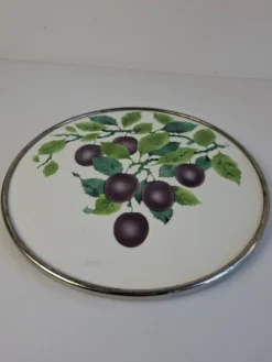 Czechoslovak Art Deco Porcelain Tray with Plum Motif and Metal Rim, 1930s