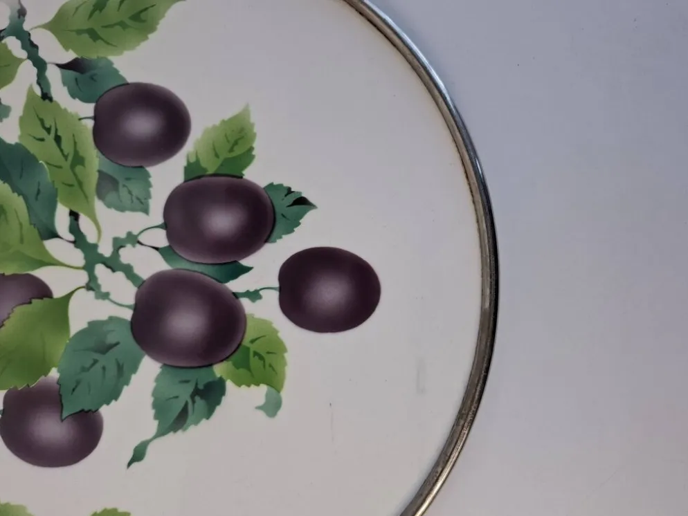 Czechoslovak Art Deco Porcelain Tray with Plum Motif and Metal Rim, 1930s