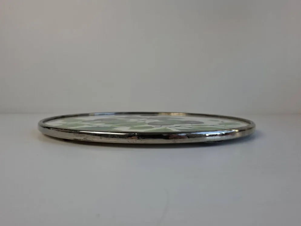 Czechoslovak Art Deco Porcelain Tray with Plum Motif and Metal Rim, 1930s