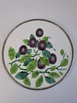 Czechoslovak Art Deco Porcelain Tray with Plum Motif and Metal Rim, 1930s