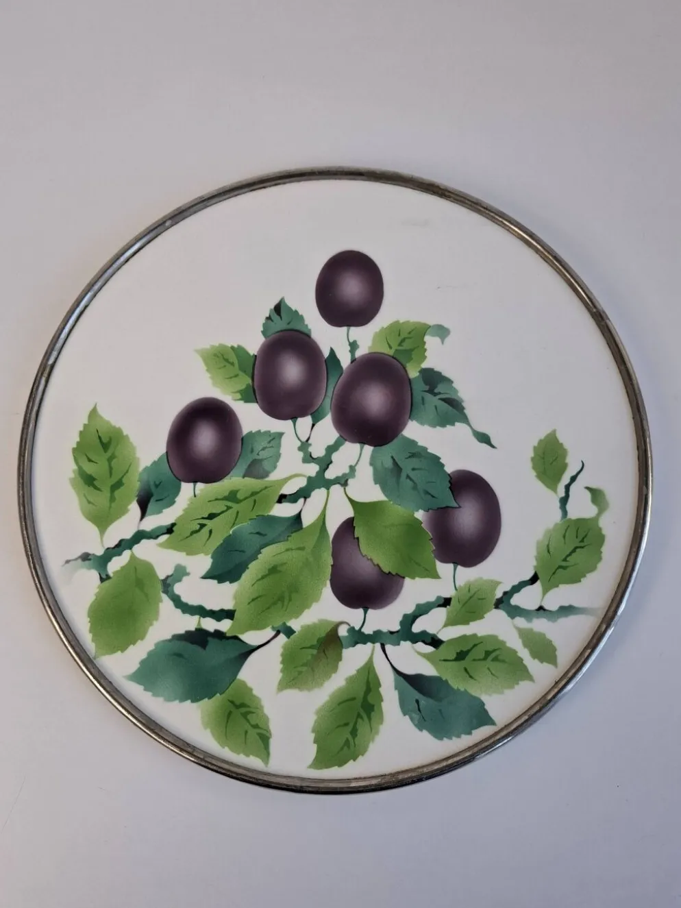 Czechoslovak Art Deco Porcelain Tray with Plum Motif and Metal Rim, 1930s