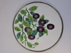 Czechoslovak Art Deco Porcelain Tray with Plum Motif and Metal Rim, 1930s