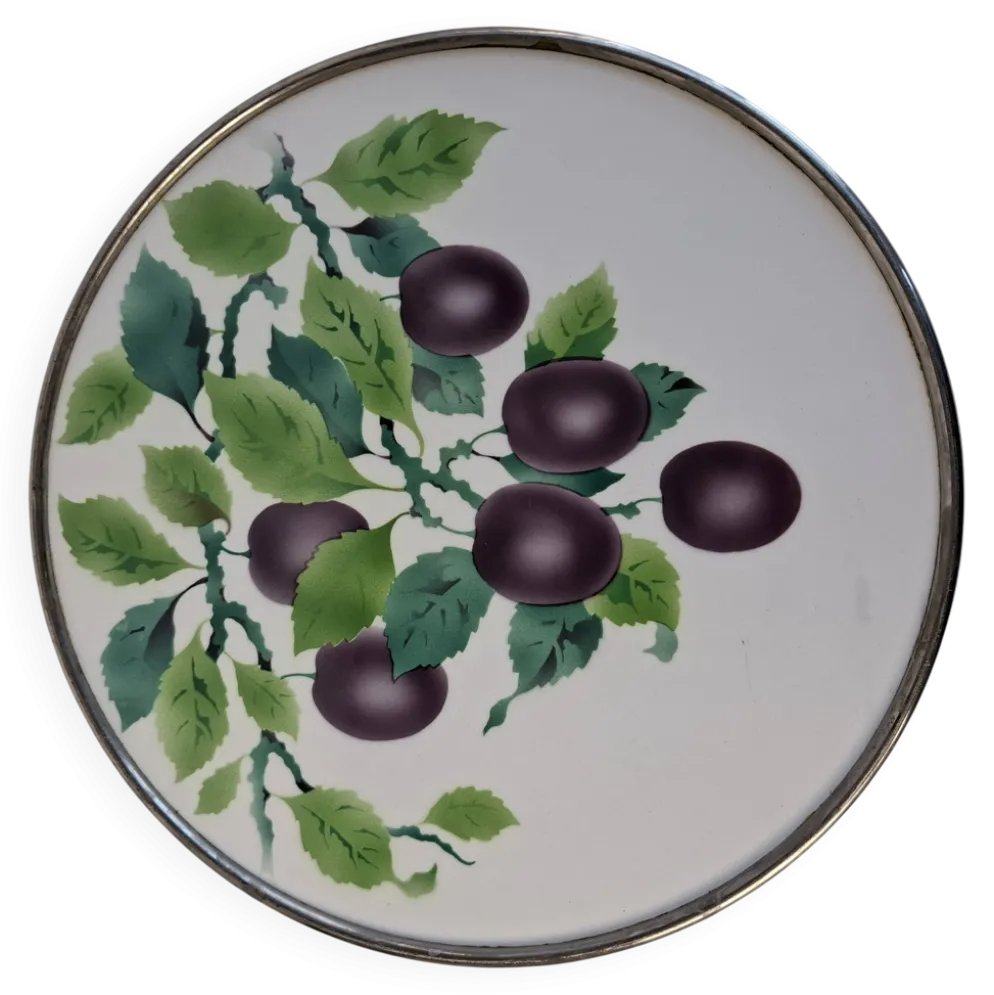 Czechoslovak Art Deco Porcelain Tray with Plum Motif and Metal Rim, 1930s