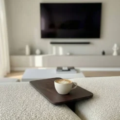 Dark Wood Sofa Arm Table, Walnut Finish Couch Tray, Minimalist Furniture
