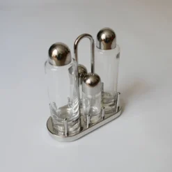 design Ettore Sottsass set Alessi sel povre vinaigre huile en verre et méta