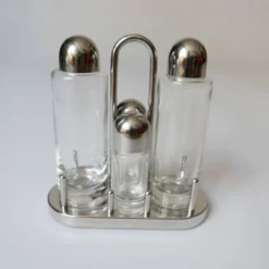 design Ettore Sottsass set Alessi sel povre vinaigre huile en verre et méta