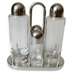design Ettore Sottsass set Alessi sel povre vinaigre huile en verre et méta