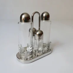design Ettore Sottsass set Alessi sel povre vinaigre huile en verre et méta