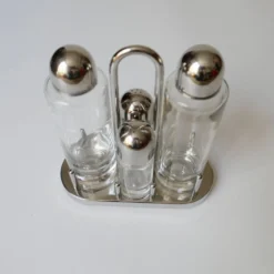 design Ettore Sottsass set Alessi sel povre vinaigre huile en verre et méta
