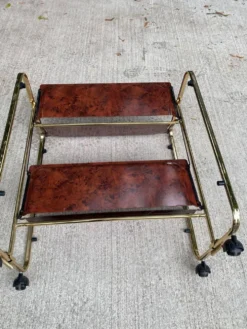 Desserte bar pliante vintage 70s laiton imitation loupe de bois style Dinet