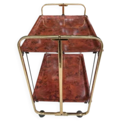 Desserte bar pliante vintage 70s laiton imitation loupe de bois style Dinet