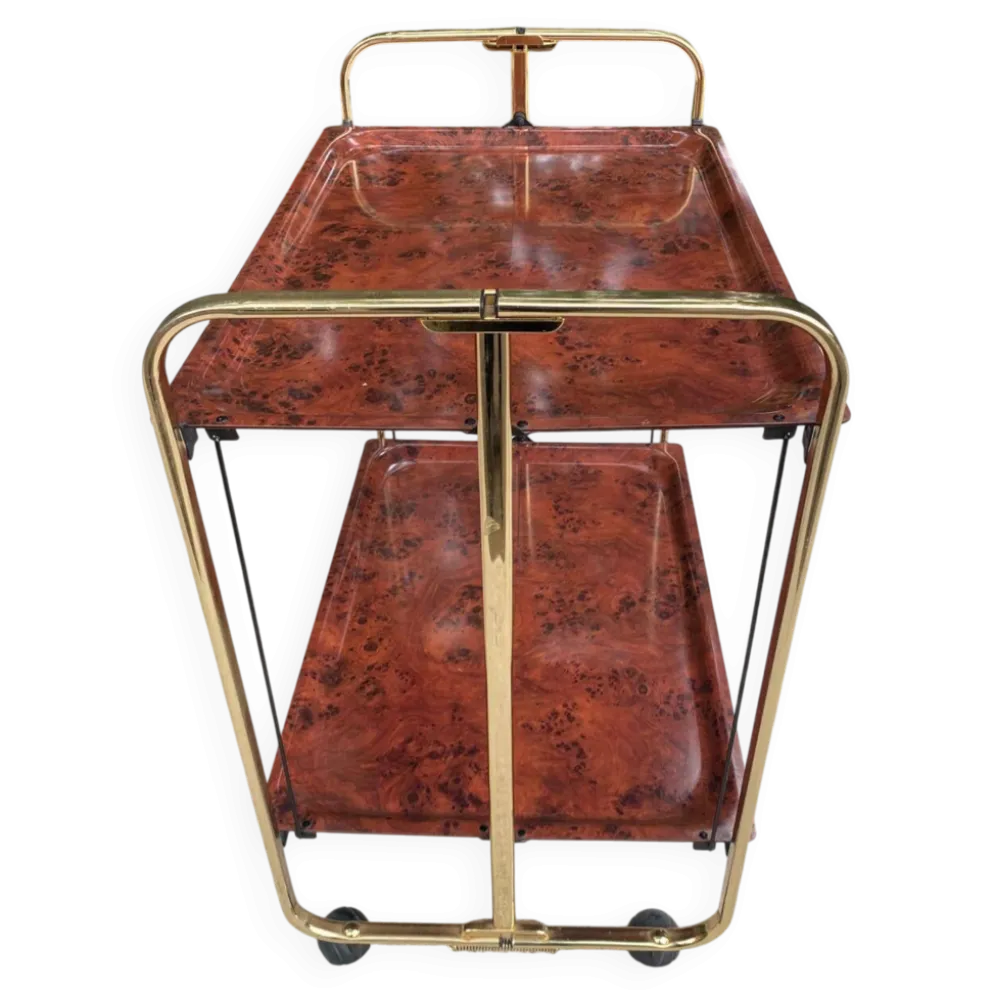 Desserte bar pliante vintage 70s laiton imitation loupe de bois style Dinet
