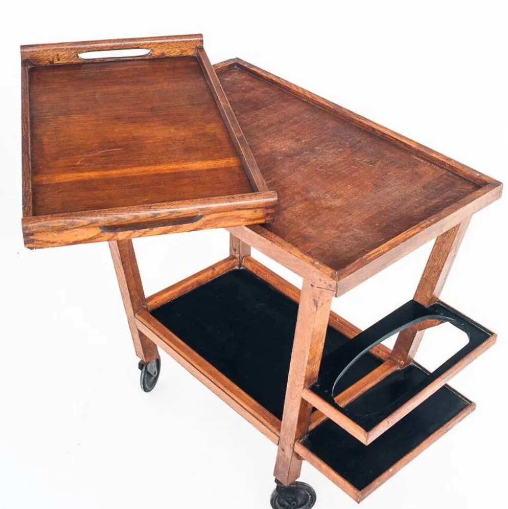Desserte/chariot de bar vintage en chêne. Plateau amovible. France 1950s