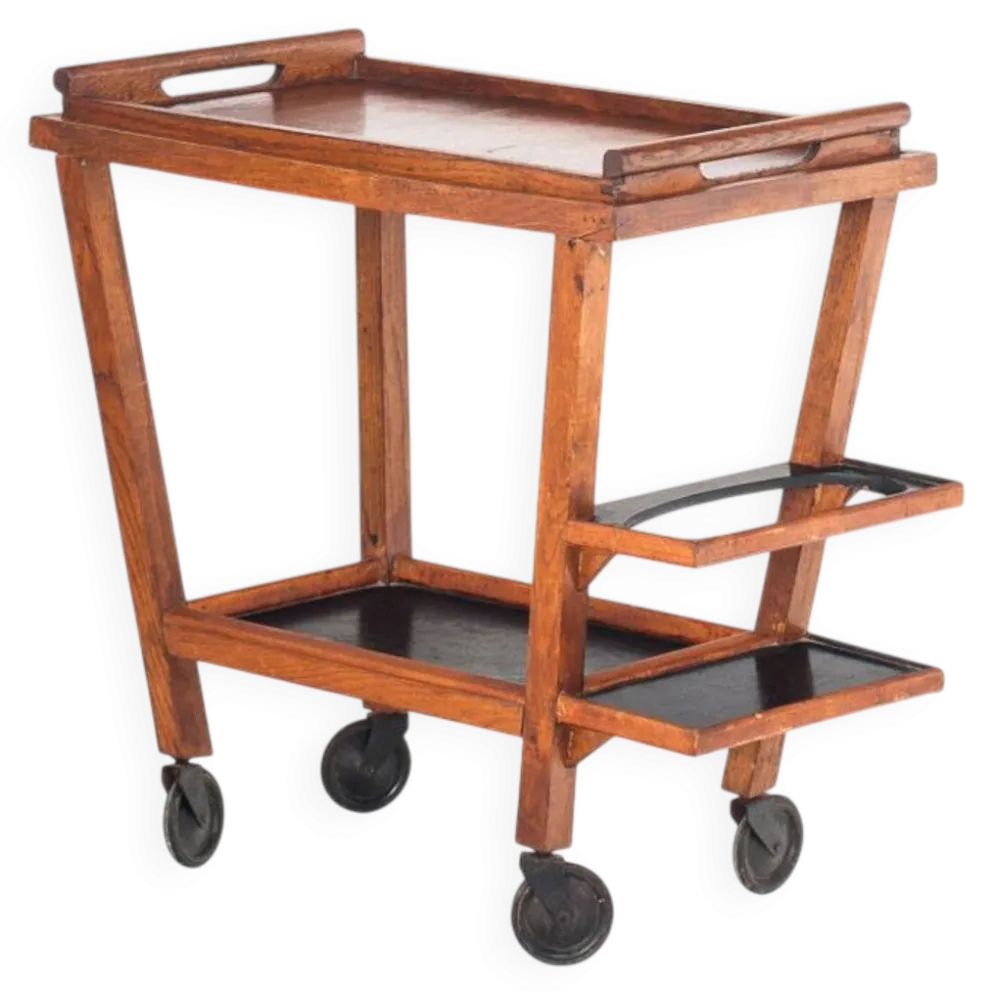 Desserte/chariot de bar vintage en chêne. Plateau amovible. France 1950s