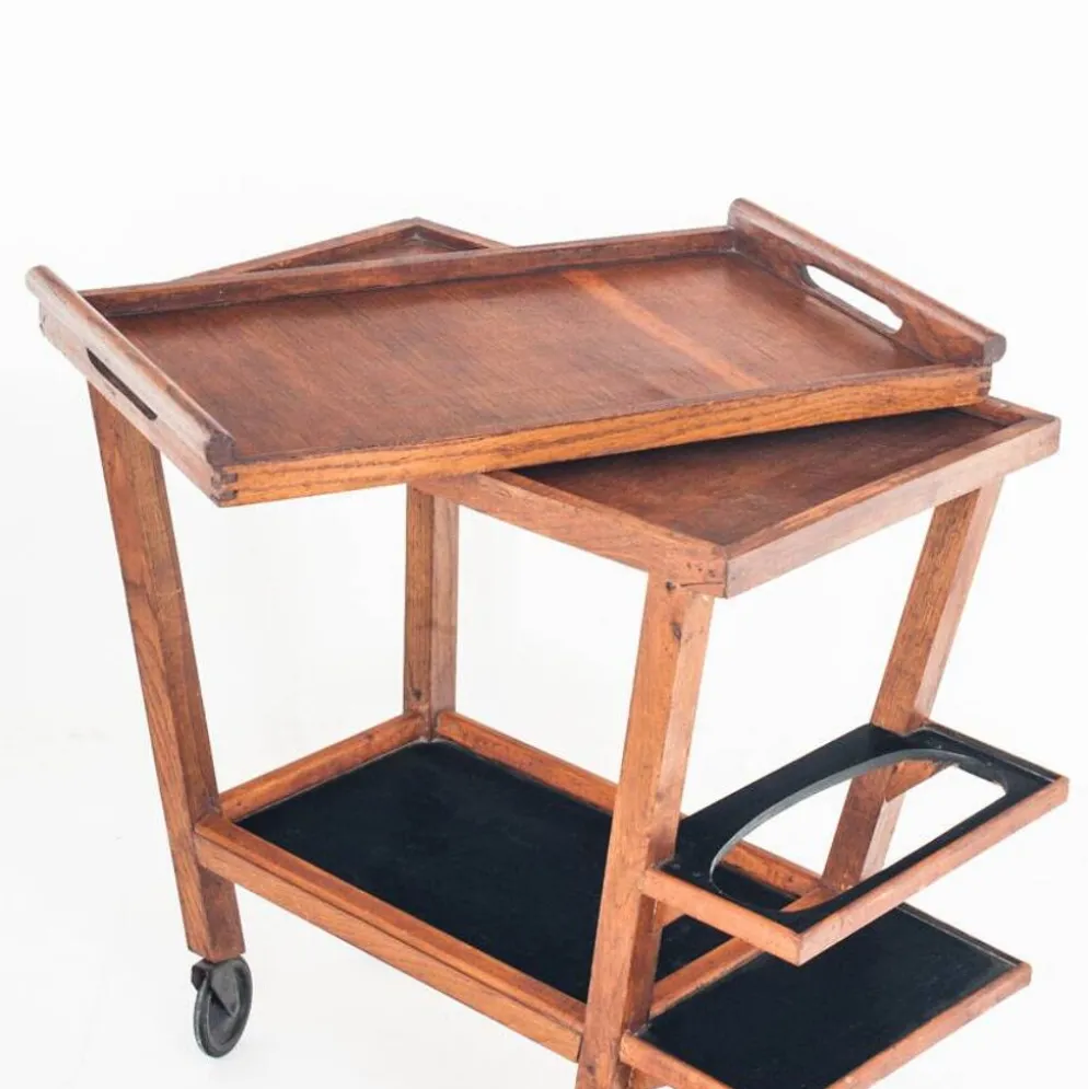 Desserte/chariot de bar vintage en chêne. Plateau amovible. France 1950s
