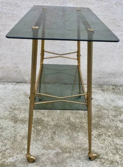 Desserte, console, table roulante vintage 1970 verre et dorée