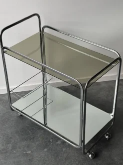 Desserte de bar mid-century en métal chromé, verre et miroir, 1960