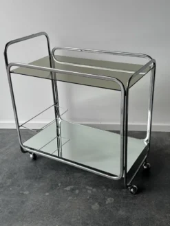 Desserte de bar mid-century en métal chromé, verre et miroir, 1960