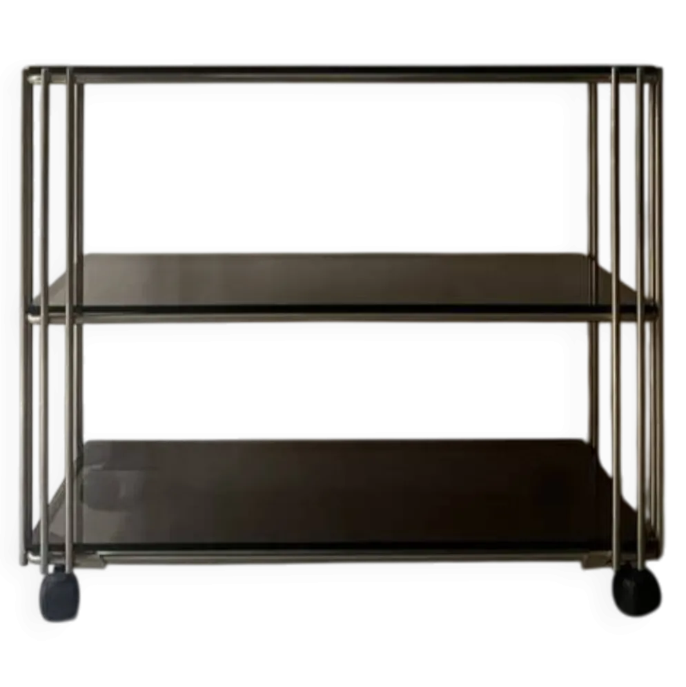 Desserte hifi / TV en verre fumé et laiton, design vers 1970