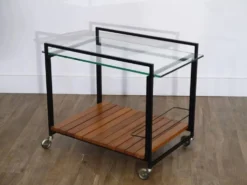 Desserte moderniste en metal, bois et verre 1960