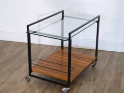 Desserte moderniste en metal, bois et verre 1960