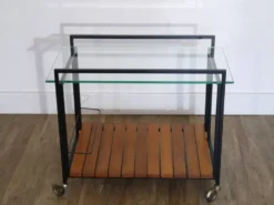 Desserte moderniste en metal, bois et verre 1960