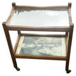 Desserte roulante ancienne en bois, miroir et décor sous verre – année