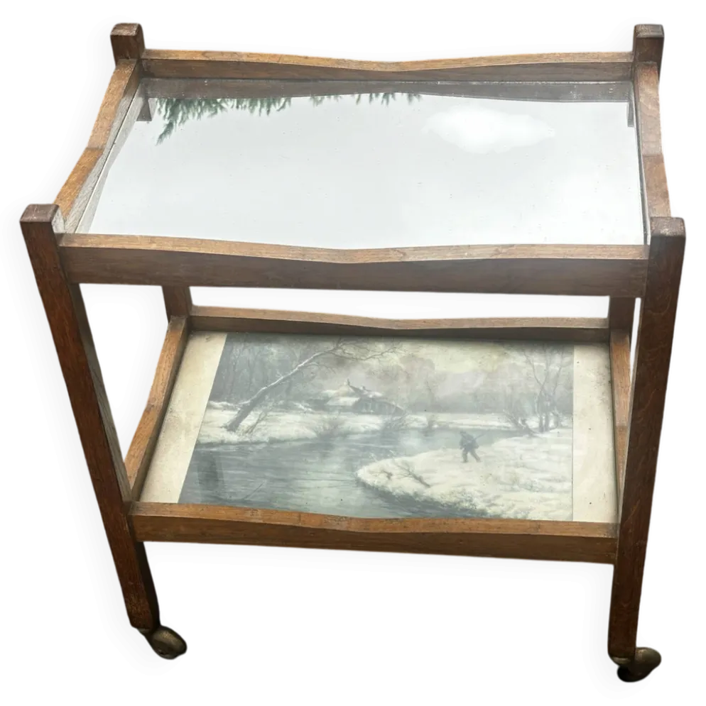 Desserte roulante ancienne en bois, miroir et décor sous verre – année