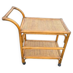 Desserte roulante en rotin et cannage années 60-70