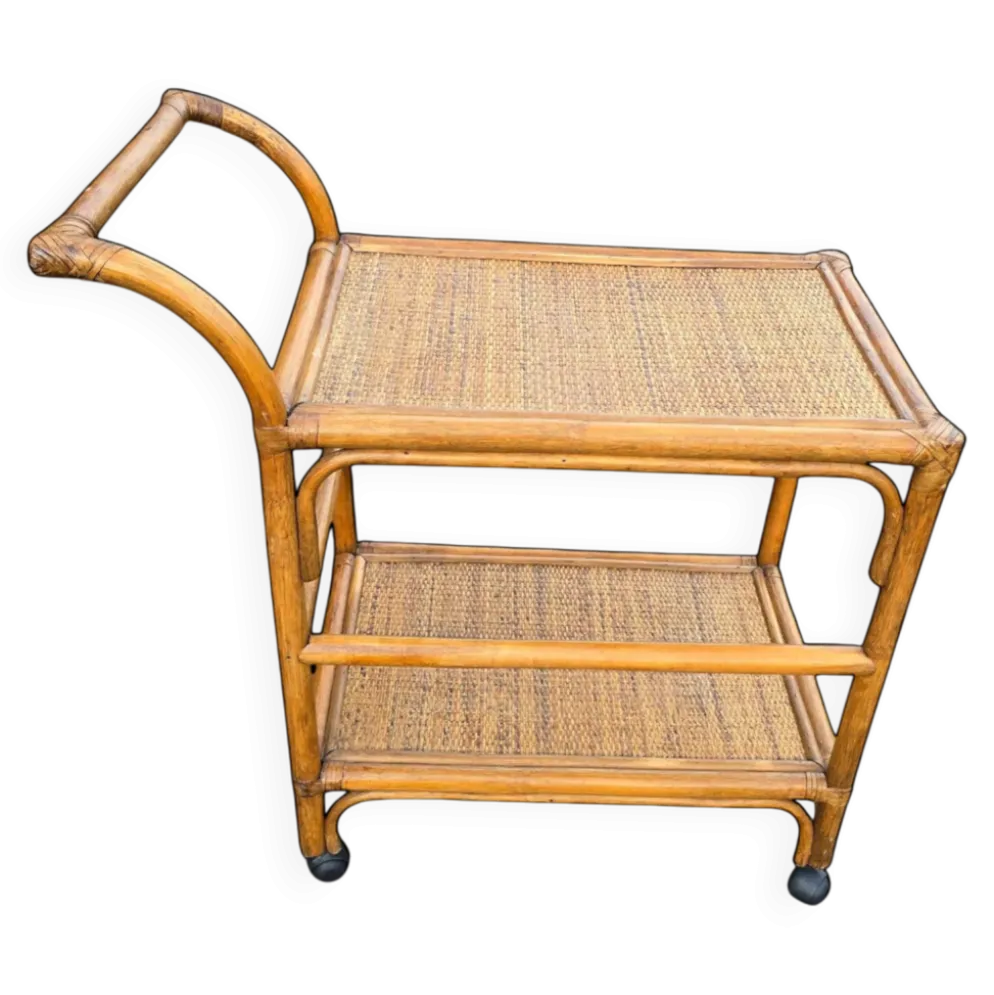 Desserte roulante en rotin et cannage années 60-70