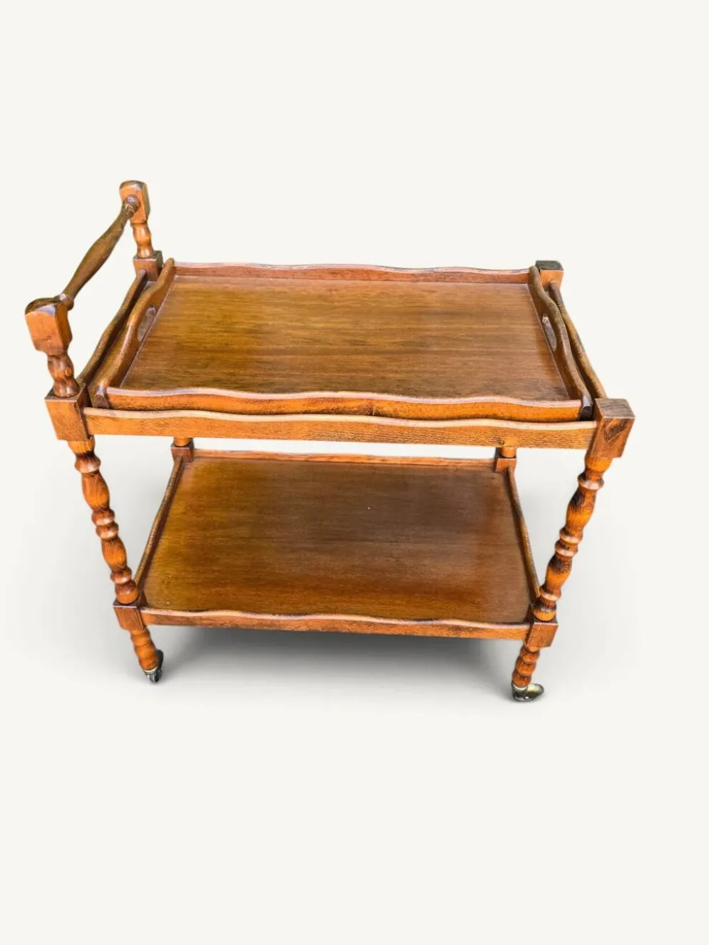 Desserte roulante vintage en bois tourné, plateau amovible