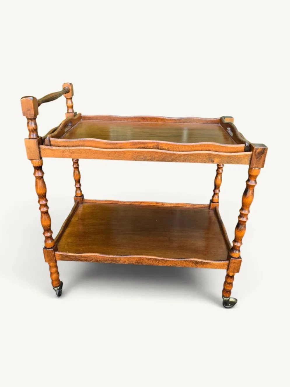 Desserte roulante vintage en bois tourné, plateau amovible