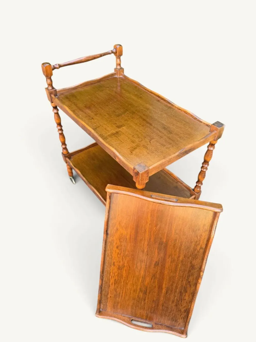 Desserte roulante vintage en bois tourné, plateau amovible