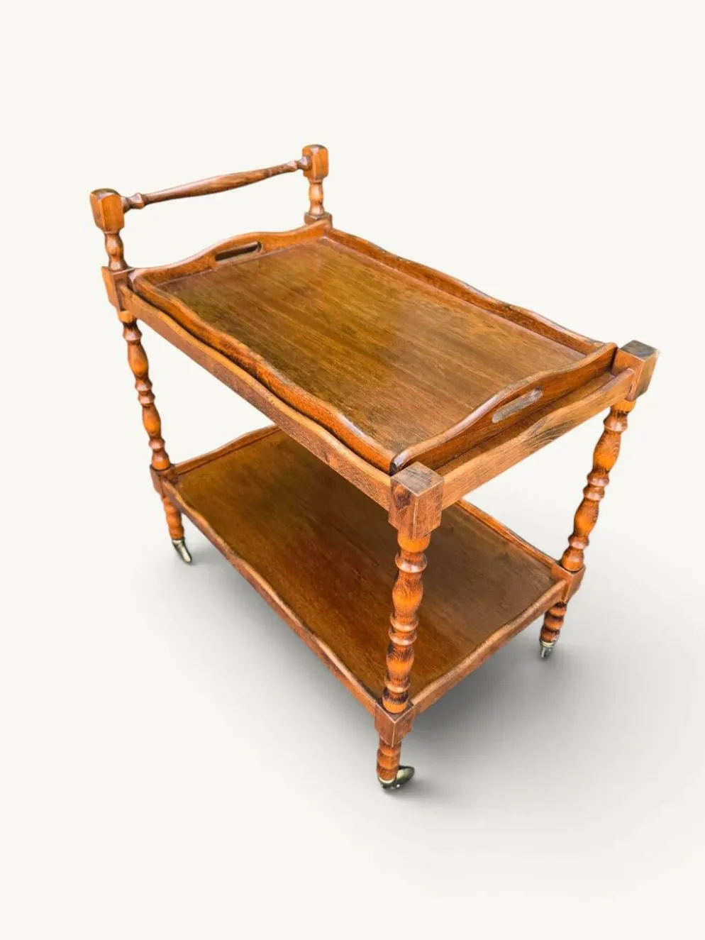Desserte roulante vintage en bois tourné, plateau amovible