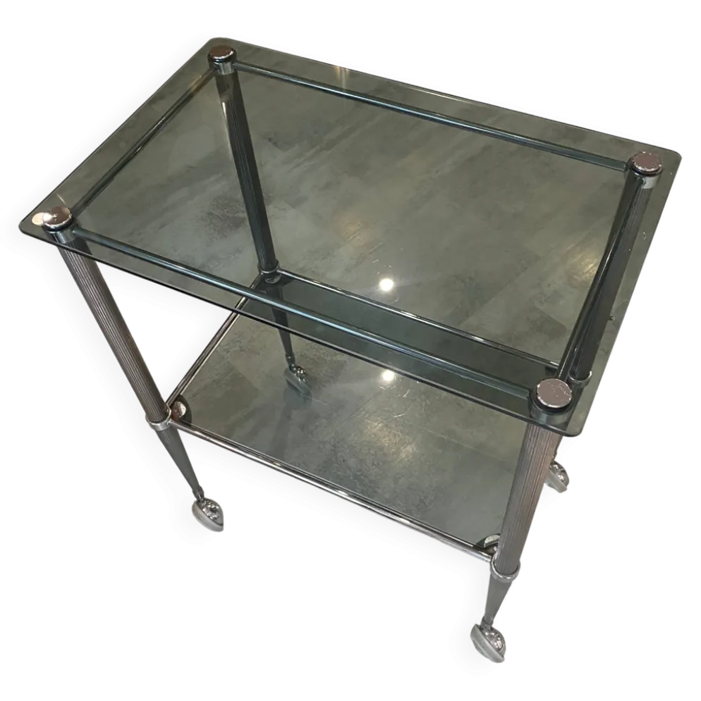 Desserte servante bar a roulettes 2 plateaux en verre fume structure métal