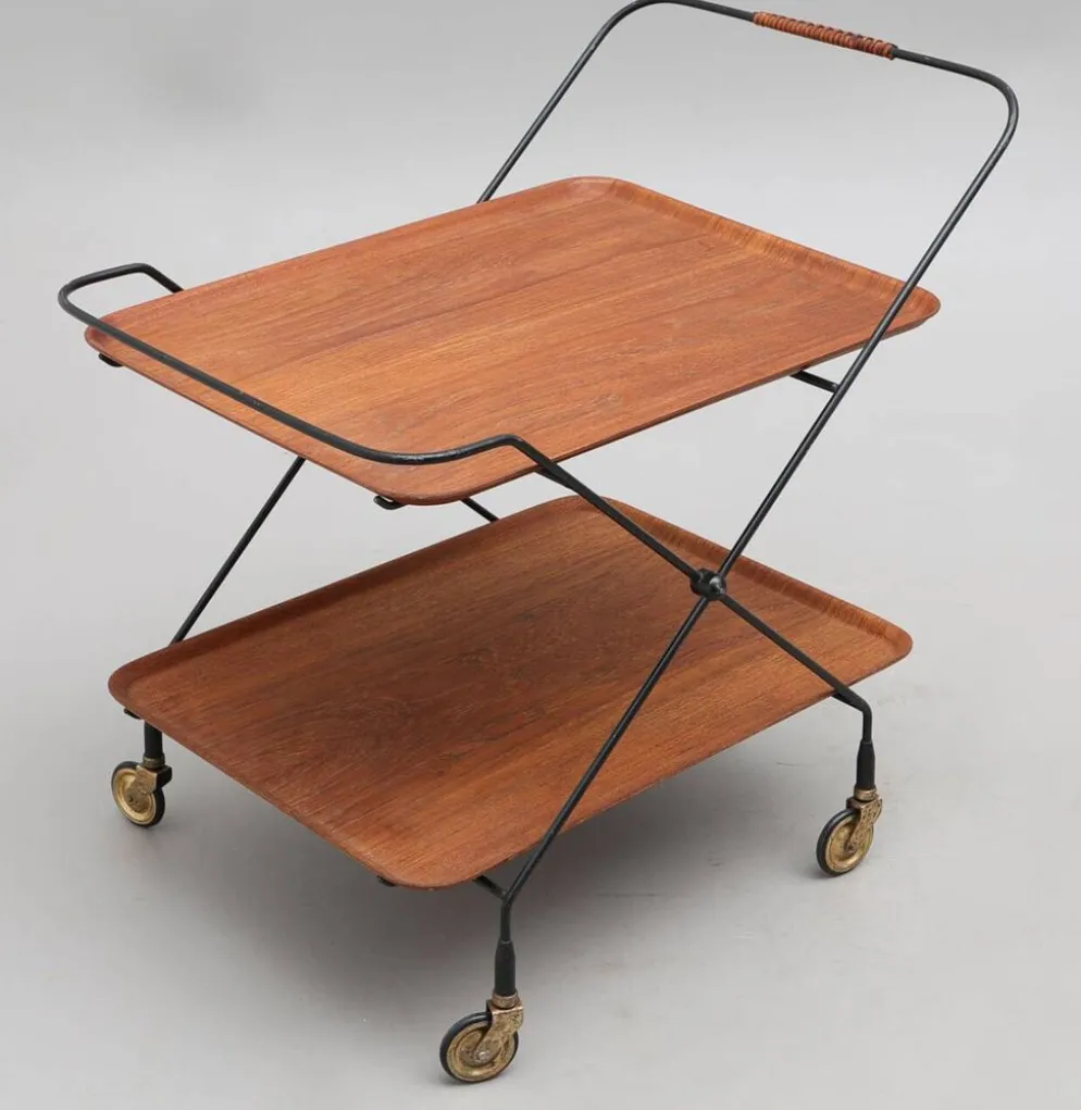 Desserte trolley scandinave à roulettes en métal et bois