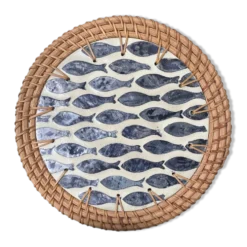 Dessous de plat artisanal en rotin et nacre décor poissons – Thaïlande